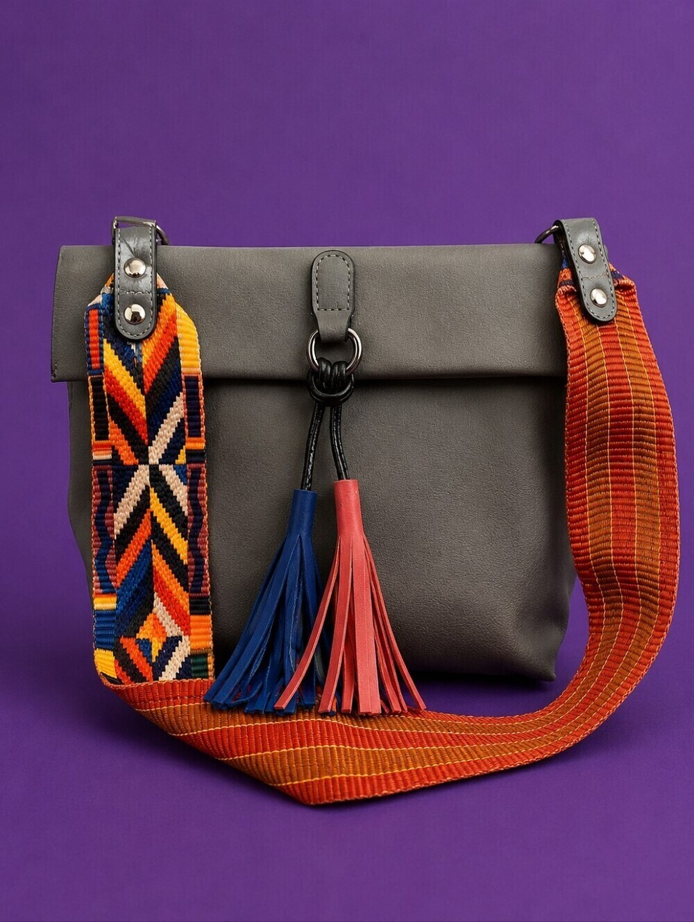 THREADED PEAR Gray Tassel Colorful Guitar Strap Shoulder Mini Bag